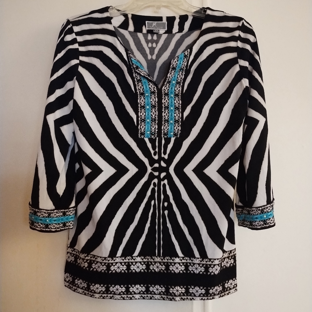 JM Collection Petite Women's Zebra Print Split Neck Tunic Shirt Size PS